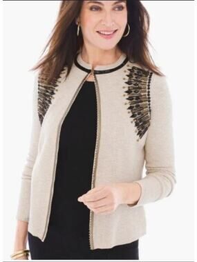 Chico’s Beaded Seed Stitch Beige Cardigan Sweater Faux Leather Trim Size 1 (Med)
